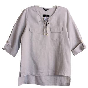 Ellen Tracy Linen Blouse Tan Cream Front Lace Up Roll-tab Sleeves Size Medium